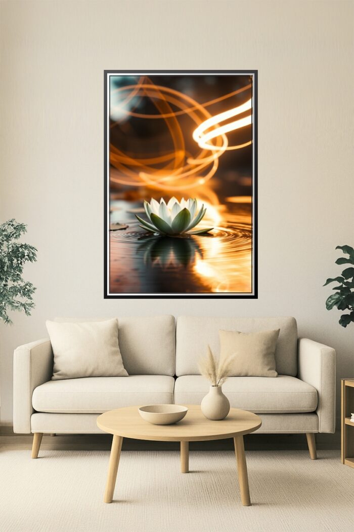 Radiant Serenity – Glowing Lotus with Light Trails Poster picture