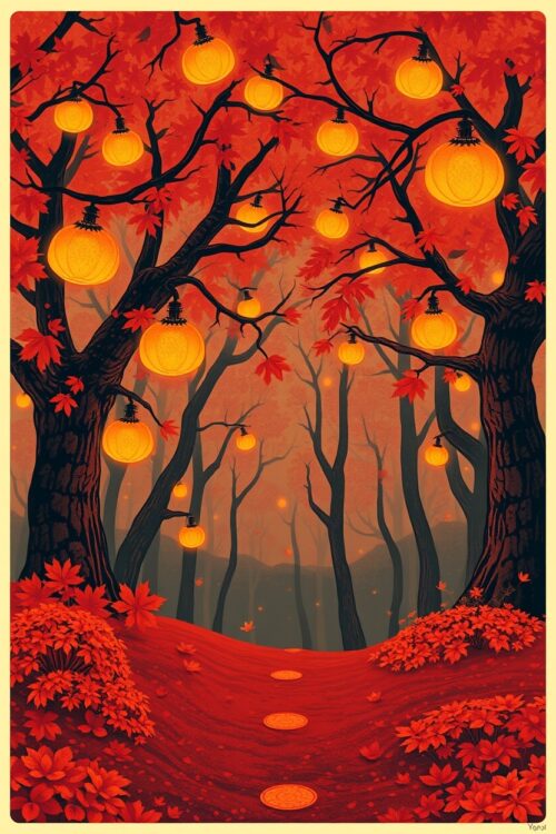 Lantern Forest – Enchanted Autumn Path Poster picture