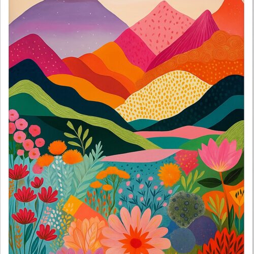 Colorful Floral Mountain Landscape Art Print – Vibrant Wildflower Poster for Nature Lovers, Boho Wall Decor for Bedroom or Living Room picture