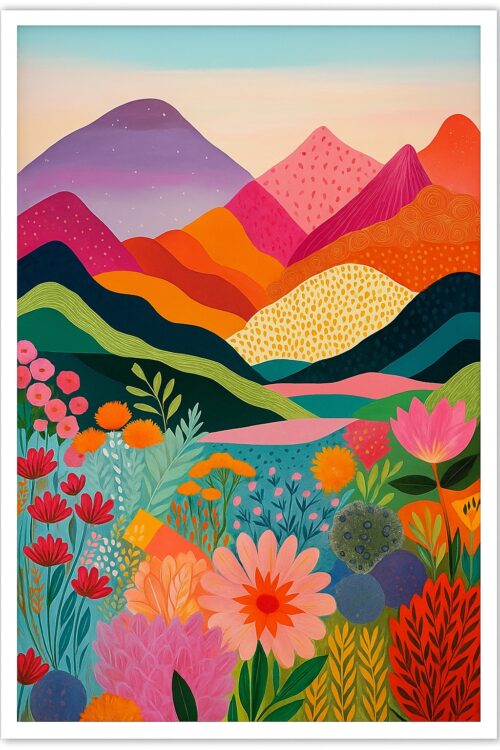 Colorful Floral Mountain Landscape Art Print – Vibrant Wildflower Poster for Nature Lovers, Boho Wall Decor for Bedroom or Living Room picture