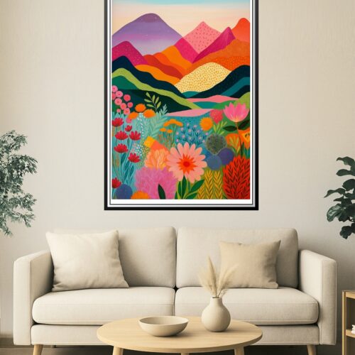 Colorful Floral Mountain Landscape Art Print – Vibrant Wildflower Poster for Nature Lovers, Boho Wall Decor for Bedroom or Living Room picture