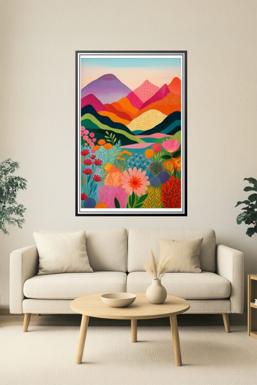 Colorful Floral Mountain Landscape Art Print – Vibrant Wildflower Poster for Nature Lovers, Boho Wall Decor for Bedroom or Living Room picture