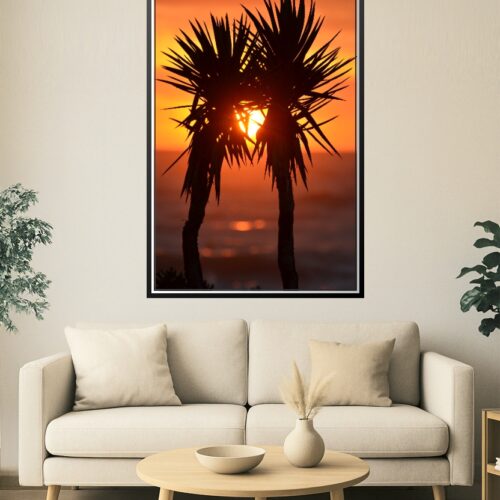 Tropical Sunset Palm Tree Wall Art – Vibrant Beach Silhouette Photography Print for Home or Office Decor picture