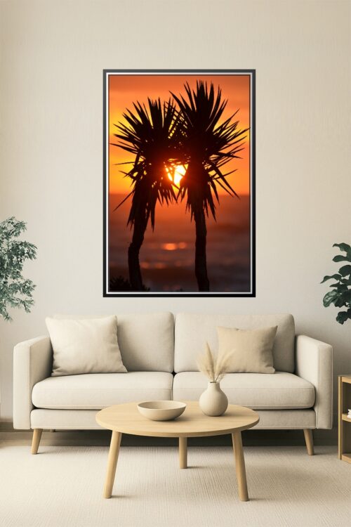 Tropical Sunset Palm Tree Wall Art – Vibrant Beach Silhouette Photography Print for Home or Office Decor picture