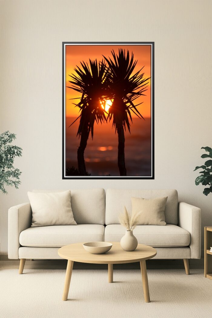 Tropical Sunset Palm Tree Wall Art – Vibrant Beach Silhouette Photography Print for Home or Office Decor picture
