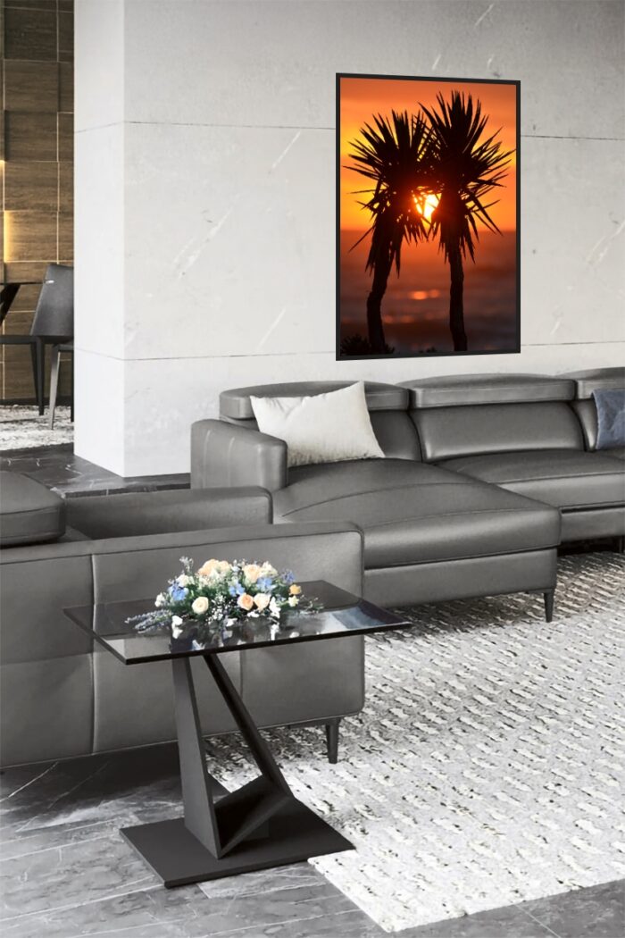 Tropical Sunset Palm Tree Wall Art – Vibrant Beach Silhouette Photography Print for Home or Office Decor picture