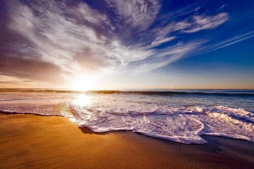 Golden Beach Sunrise Ocean Wall Art – Serene Seashore Photography Print for Coastal and Relaxing Home Decor picture