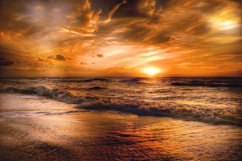 Fiery Sunset Over Ocean Waves – Dramatic Coastal Wall Art Photography Print for Bold Beach Home Decor picture