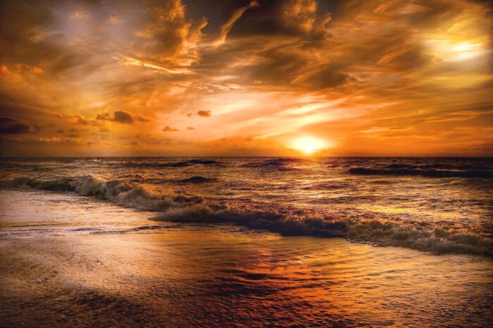 Fiery Sunset Over Ocean Waves – Dramatic Coastal Wall Art Photography Print for Bold Beach Home Decor picture