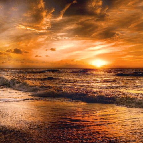Fiery Sunset Over Ocean Waves – Dramatic Coastal Wall Art Photography Print for Bold Beach Home Decor picture