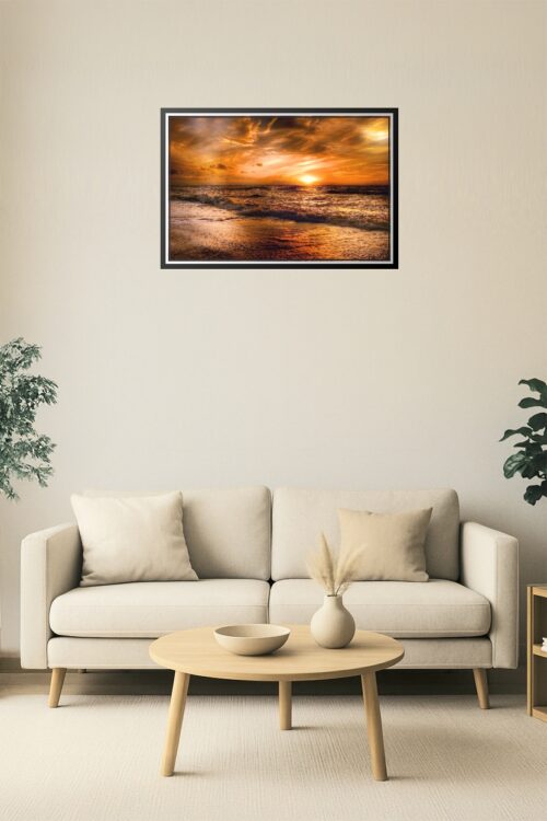 Fiery Sunset Over Ocean Waves – Dramatic Coastal Wall Art Photography Print for Bold Beach Home Decor picture