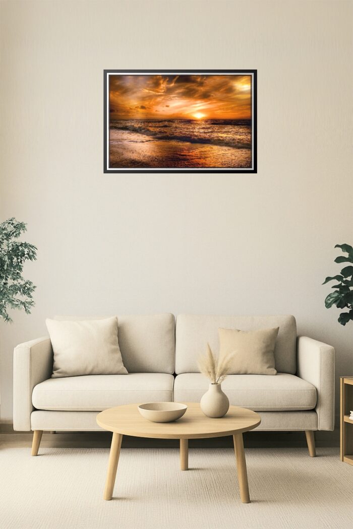 Fiery Sunset Over Ocean Waves – Dramatic Coastal Wall Art Photography Print for Bold Beach Home Decor picture