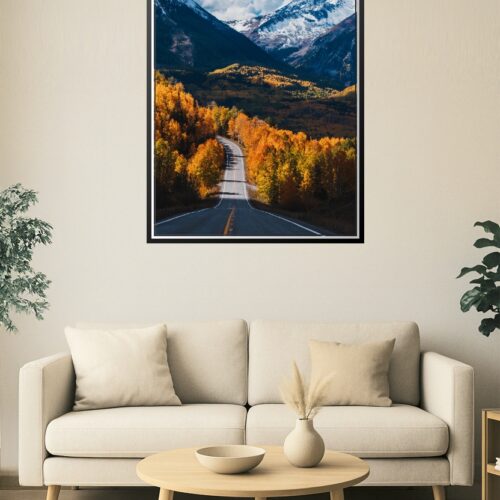 Scenic Autumn Mountain Road Wall Art – Vibrant Fall Foliage and Snowy Peaks Photography Print for Rustic Cabin or Adventure Decor picture