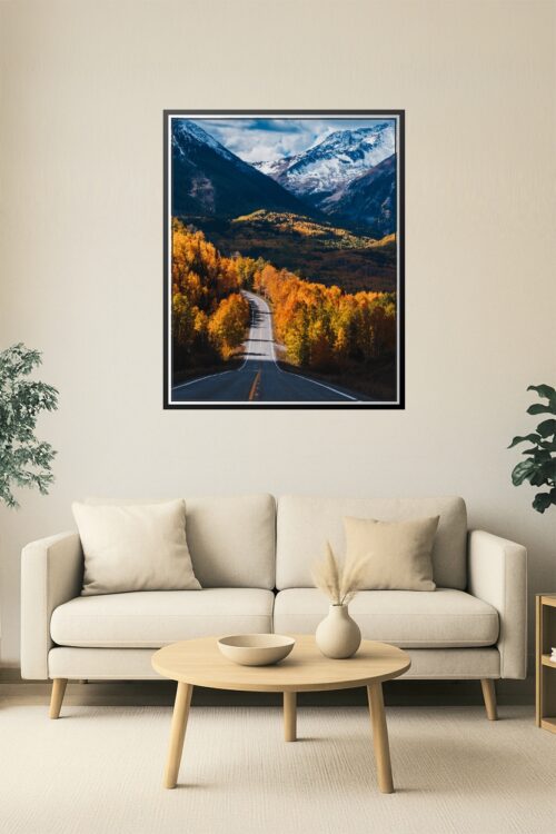 Scenic Autumn Mountain Road Wall Art – Vibrant Fall Foliage and Snowy Peaks Photography Print for Rustic Cabin or Adventure Decor picture