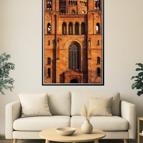 Historic Brick Church Facade Wall Art – Architectural Photography Print Featuring Neo-Romanesque Details and Sunset Light picture