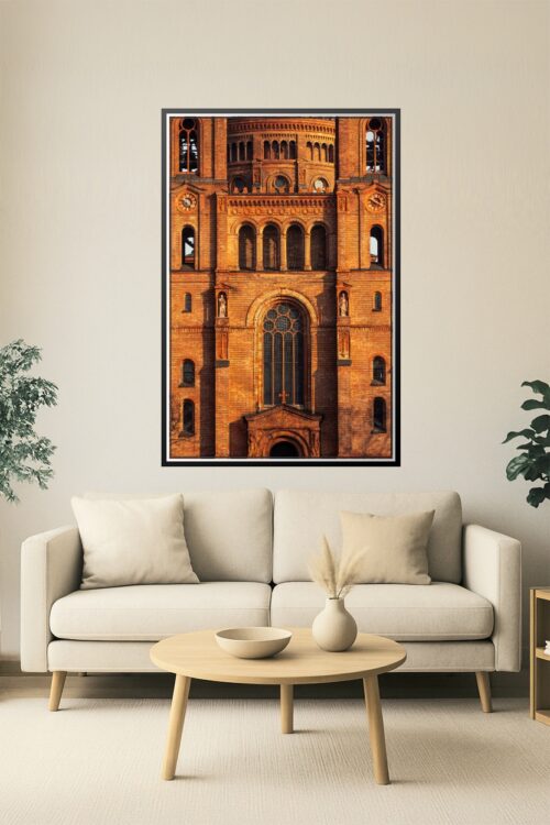 Historic Brick Church Facade Wall Art – Architectural Photography Print Featuring Neo-Romanesque Details and Sunset Light picture