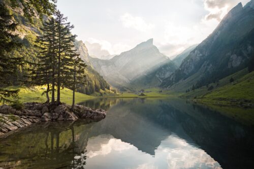 Alpine Serenity Landscape Poster – Majestic Mountain Lake Reflection Wall Art picture