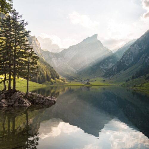Alpine Serenity Landscape Poster – Majestic Mountain Lake Reflection Wall Art picture