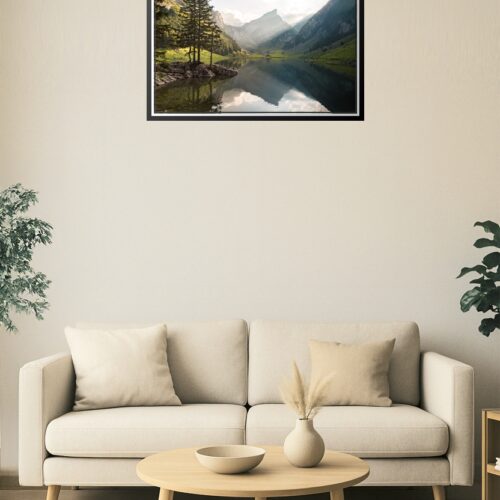 Alpine Serenity Landscape Poster – Majestic Mountain Lake Reflection Wall Art picture