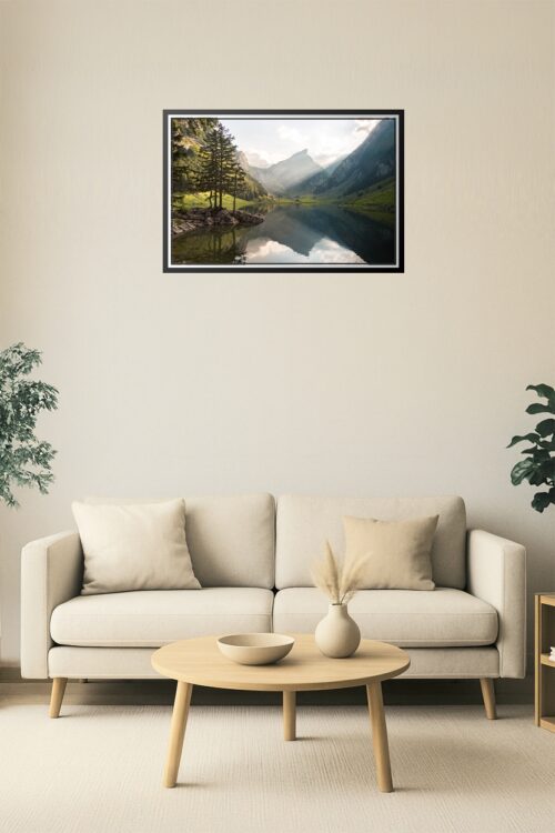Alpine Serenity Landscape Poster – Majestic Mountain Lake Reflection Wall Art picture