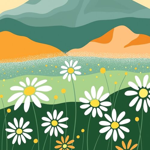 Floral Meadow and Mountain Poster – Minimal Nature Art Print, Wildflower Landscape Wall Decor picture