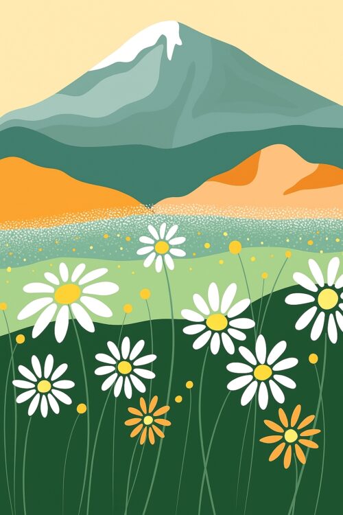 Floral Meadow and Mountain Poster – Minimal Nature Art Print, Wildflower Landscape Wall Decor picture
