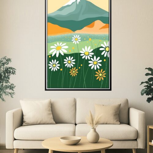 Floral Meadow and Mountain Poster – Minimal Nature Art Print, Wildflower Landscape Wall Decor picture