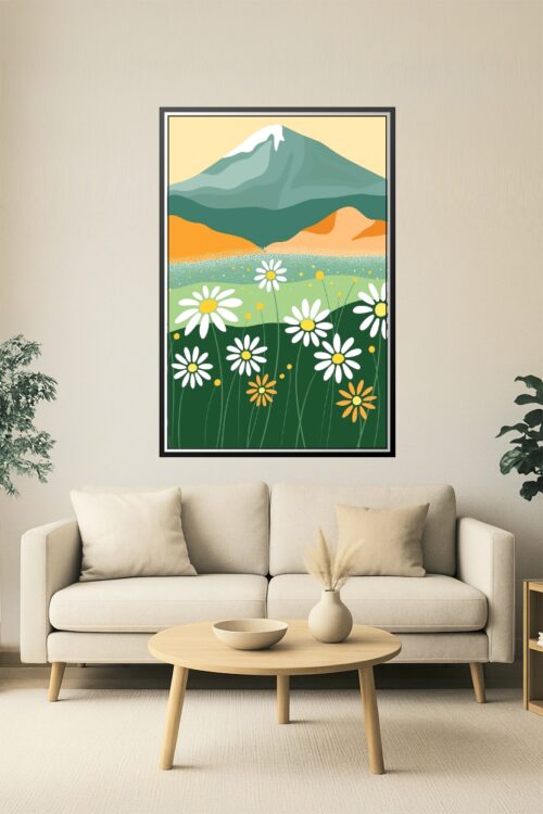 Floral Meadow and Mountain Poster – Minimal Nature Art Print, Wildflower Landscape Wall Decor picture