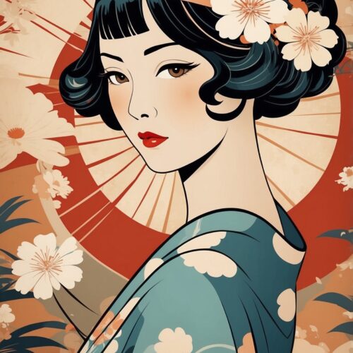 Japanese Geisha Poster – Elegant Woman with Parasol in Floral Kimono, Vintage Ukiyo-e Style Art Print picture