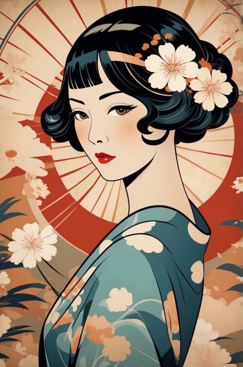 Japanese Geisha Poster – Elegant Woman with Parasol in Floral Kimono, Vintage Ukiyo-e Style Art Print picture