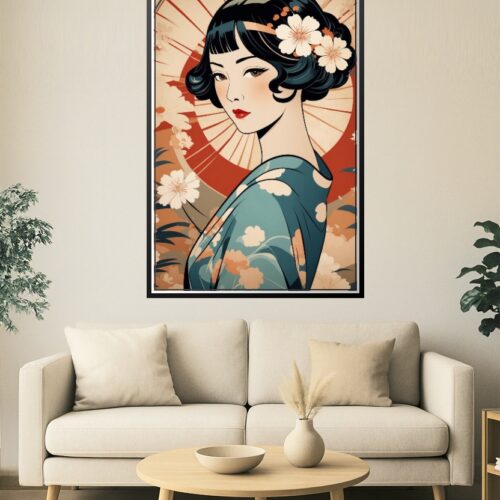 Japanese Geisha Poster – Elegant Woman with Parasol in Floral Kimono, Vintage Ukiyo-e Style Art Print picture