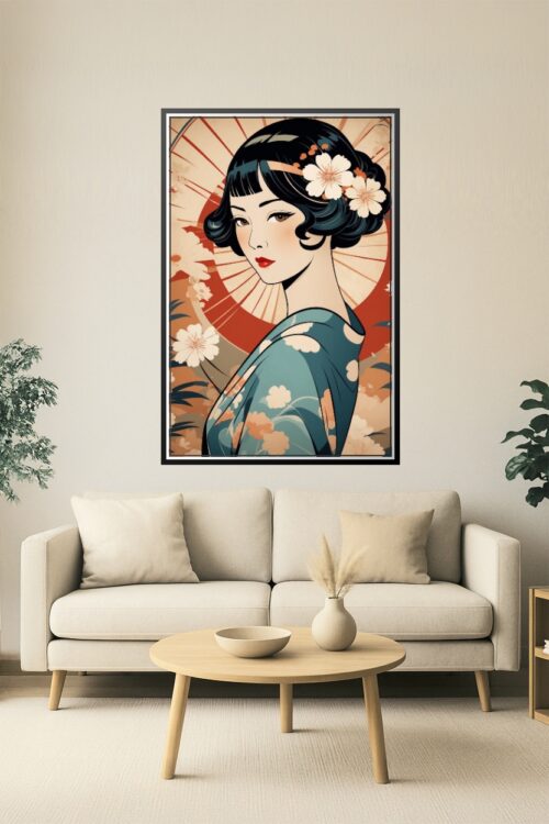 Japanese Geisha Poster – Elegant Woman with Parasol in Floral Kimono, Vintage Ukiyo-e Style Art Print picture