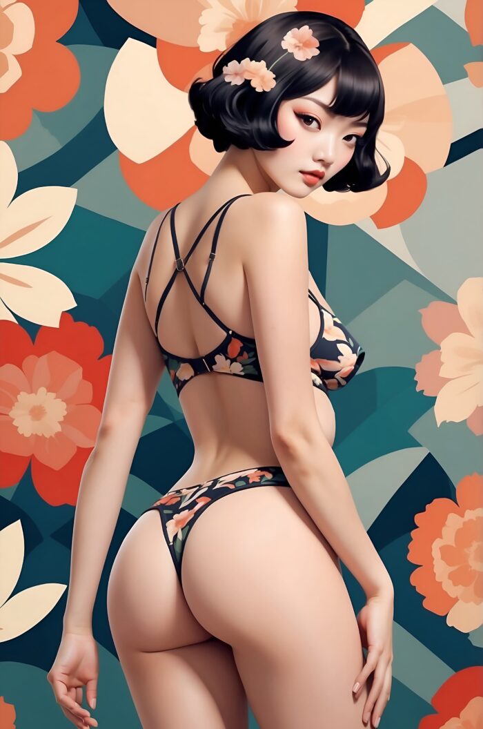 Sensual Floral Lingerie Poster – Elegant Pin-Up Inspired Woman with Modern Asian Aesthetic picture