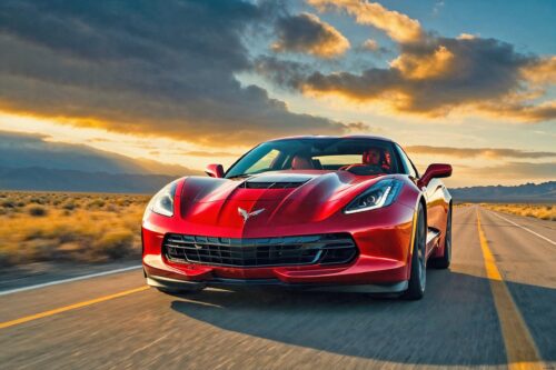 Red Corvette Poster – American Muscle Car Driving at Sunset, High-Performance Automotive Wall Art picture