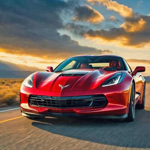Red Corvette Poster – American Muscle Car Driving at Sunset, High-Performance Automotive Wall Art picture
