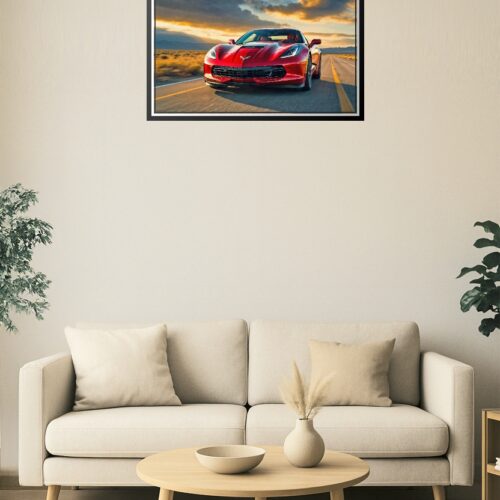 Red Corvette Poster – American Muscle Car Driving at Sunset, High-Performance Automotive Wall Art picture