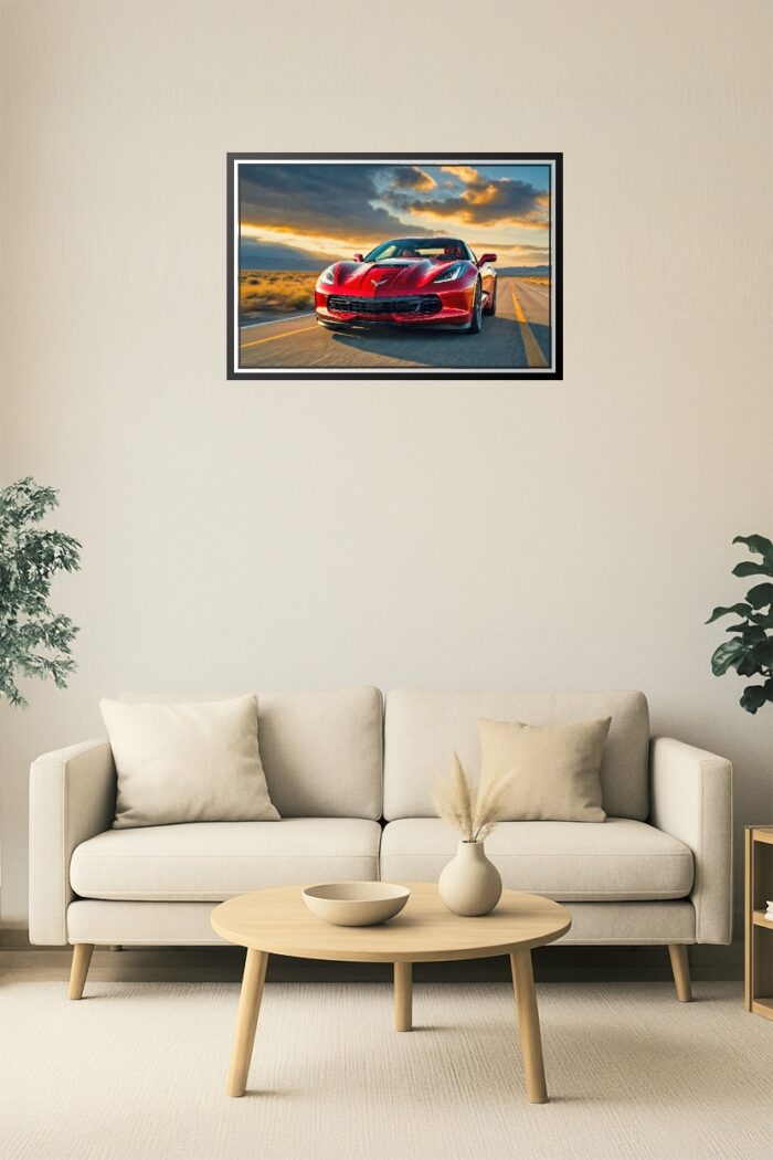 Red Corvette Poster – American Muscle Car Driving at Sunset, High-Performance Automotive Wall Art picture
