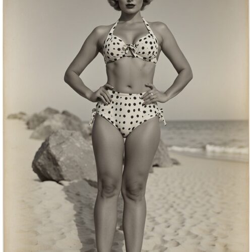 Vintage Beach Pin-Up Poster – 1950s Glamour Girl in Polka Dot Bikini, Retro Black and White Print picture
