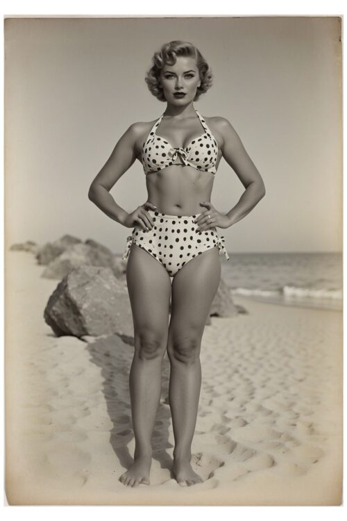 Vintage Beach Pin-Up Poster – 1950s Glamour Girl in Polka Dot Bikini, Retro Black and White Print picture
