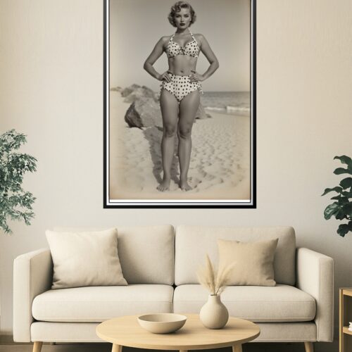 Vintage Beach Pin-Up Poster – 1950s Glamour Girl in Polka Dot Bikini, Retro Black and White Print picture