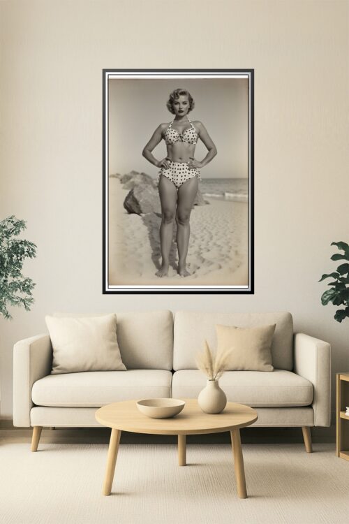 Vintage Beach Pin-Up Poster – 1950s Glamour Girl in Polka Dot Bikini, Retro Black and White Print picture