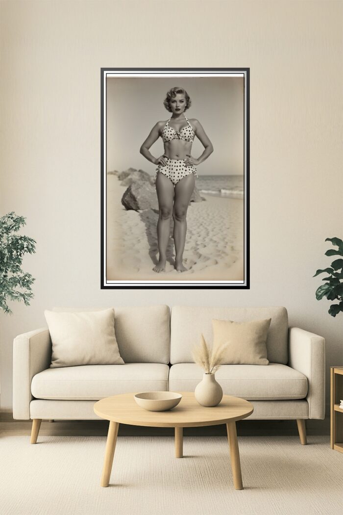 Vintage Beach Pin-Up Poster – 1950s Glamour Girl in Polka Dot Bikini, Retro Black and White Print picture