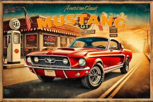 1967 Ford Mustang GT Poster – Retro American Muscle Car Wall Art in Classic Diner Scene picture
