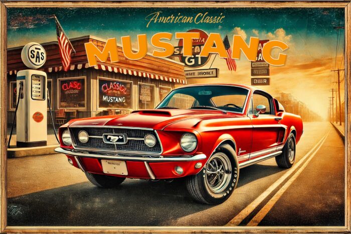 1967 Ford Mustang GT Poster – Retro American Muscle Car Wall Art in Classic Diner Scene picture