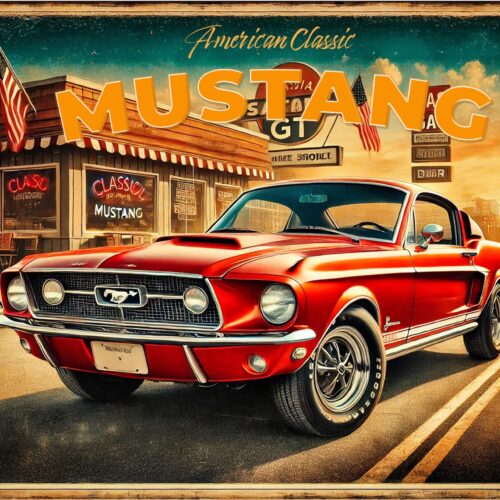 1967 Ford Mustang GT Poster – Retro American Muscle Car Wall Art in Classic Diner Scene picture