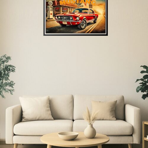 1967 Ford Mustang GT Poster – Retro American Muscle Car Wall Art in Classic Diner Scene picture