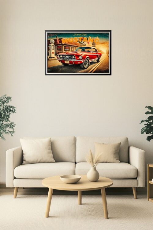 1967 Ford Mustang GT Poster – Retro American Muscle Car Wall Art in Classic Diner Scene picture