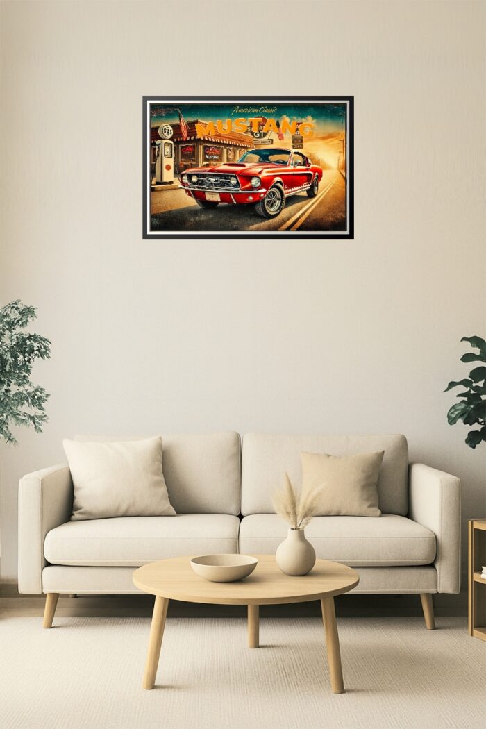 1967 Ford Mustang GT Poster – Retro American Muscle Car Wall Art in Classic Diner Scene picture