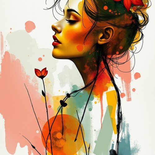Abstract Woman with Flowers Poster, Watercolor Painting, Floral Decor, Portrait Wall Art, Home Office Decorations, Digital Art Prints picture