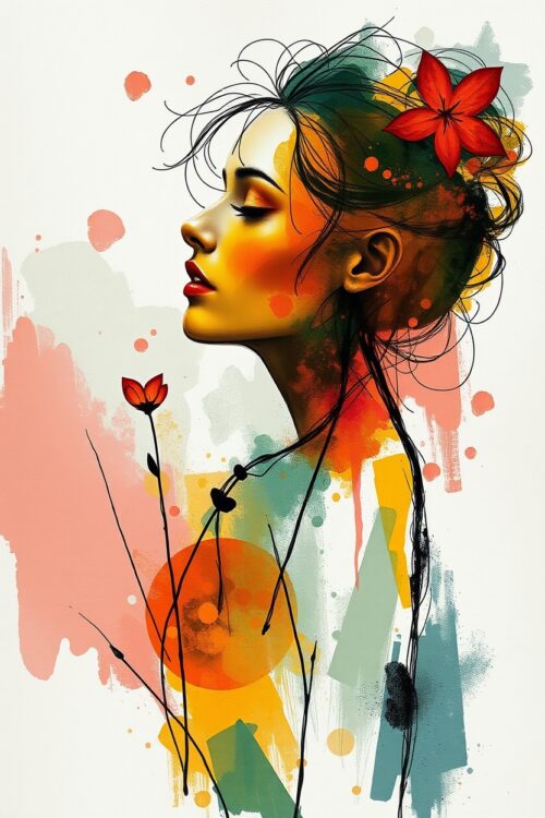 Abstract Woman with Flowers Poster, Watercolor Painting, Floral Decor, Portrait Wall Art, Home Office Decorations, Digital Art Prints picture